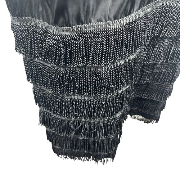 VTG 60s Black Satin Fringe Flapper Dress Size M Handmade Disco Hippy Whimsigoth - Picture 3 of 8
